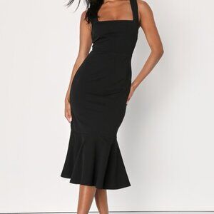 Lulus Moment Maker Black Square Neck Trumpet Midi Dress - Size M